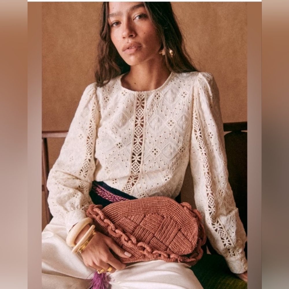 Sezane Scarlett Cream Eyelet Long-Sleeve Blouse